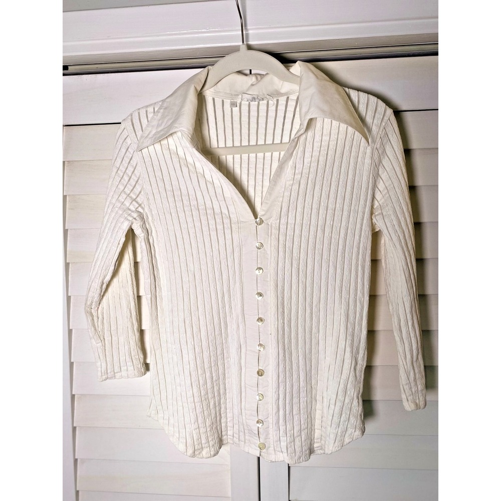 Rayure Paris Blouse Womens 46 Textured Pleated Button Front France White Cotton